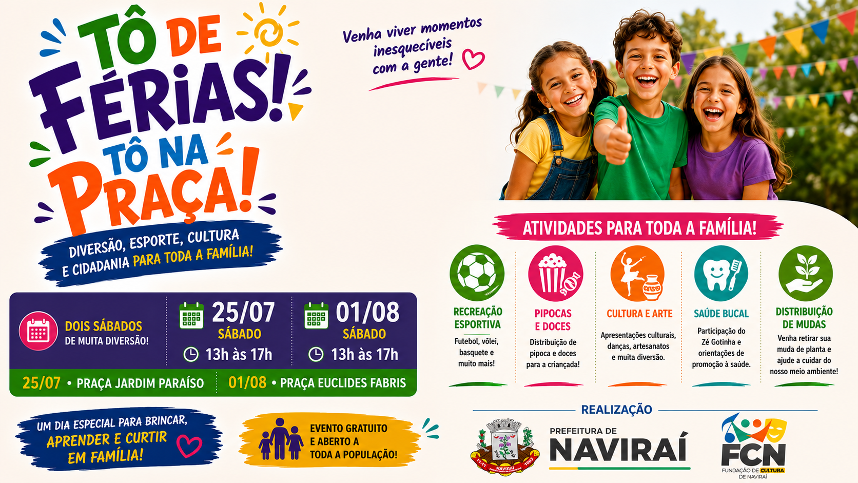 Praça Jardim Paraíso recebe neste sábado o "Tô de Férias! Tô na Praça!" em Naviraí